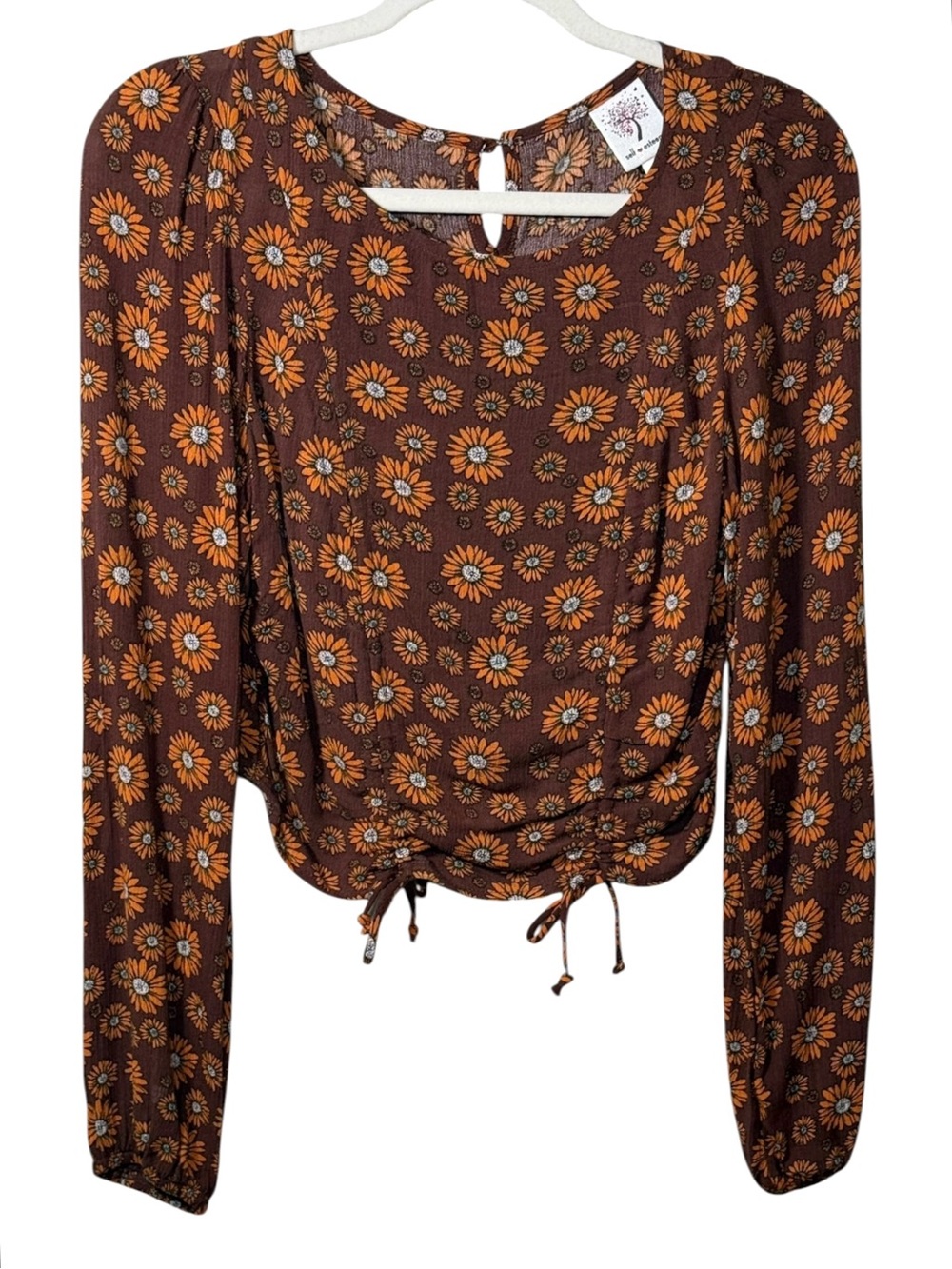 Self Esteem Brown Floral Drawstring Cropped Top Y2K Blouse Medium